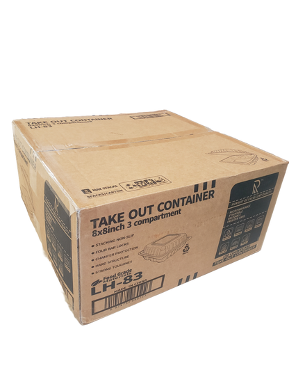 Take Out Container 8 x 8 inch 3 Compartment- 150/Case